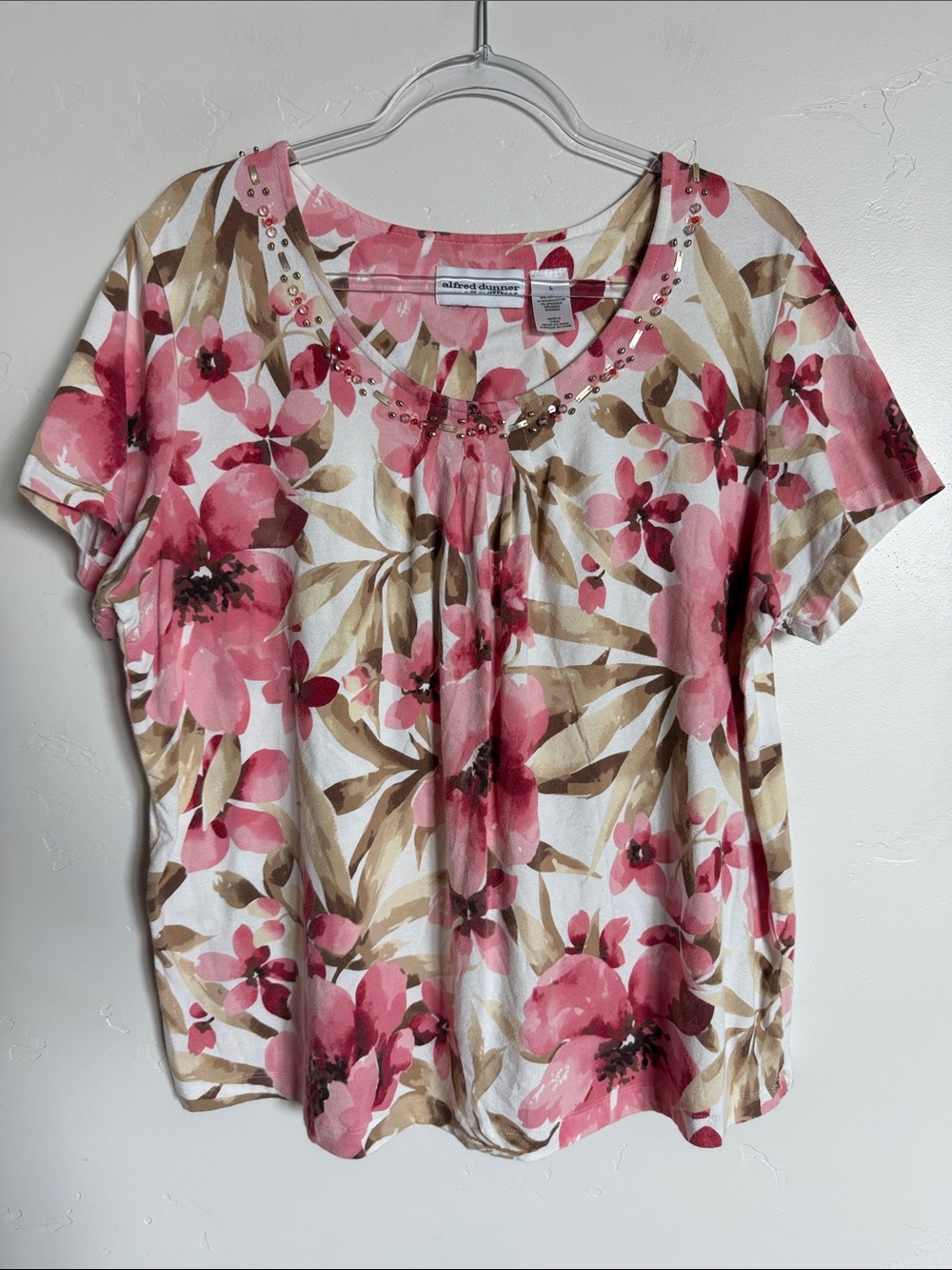 Alfred Dunner Pink and Brown Floral Short Sleeve Top